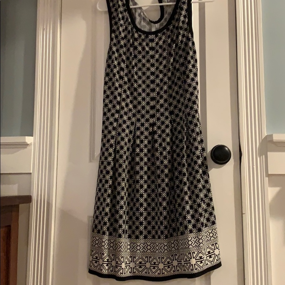 Black dress with square print and back button